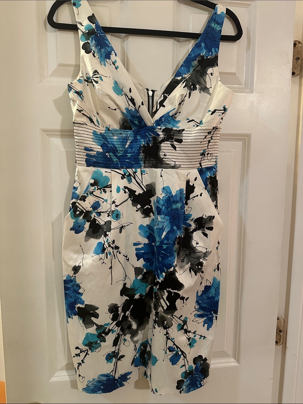 Bisou Bisou Cream Midi Dress with Blue and Black Floral Pattern